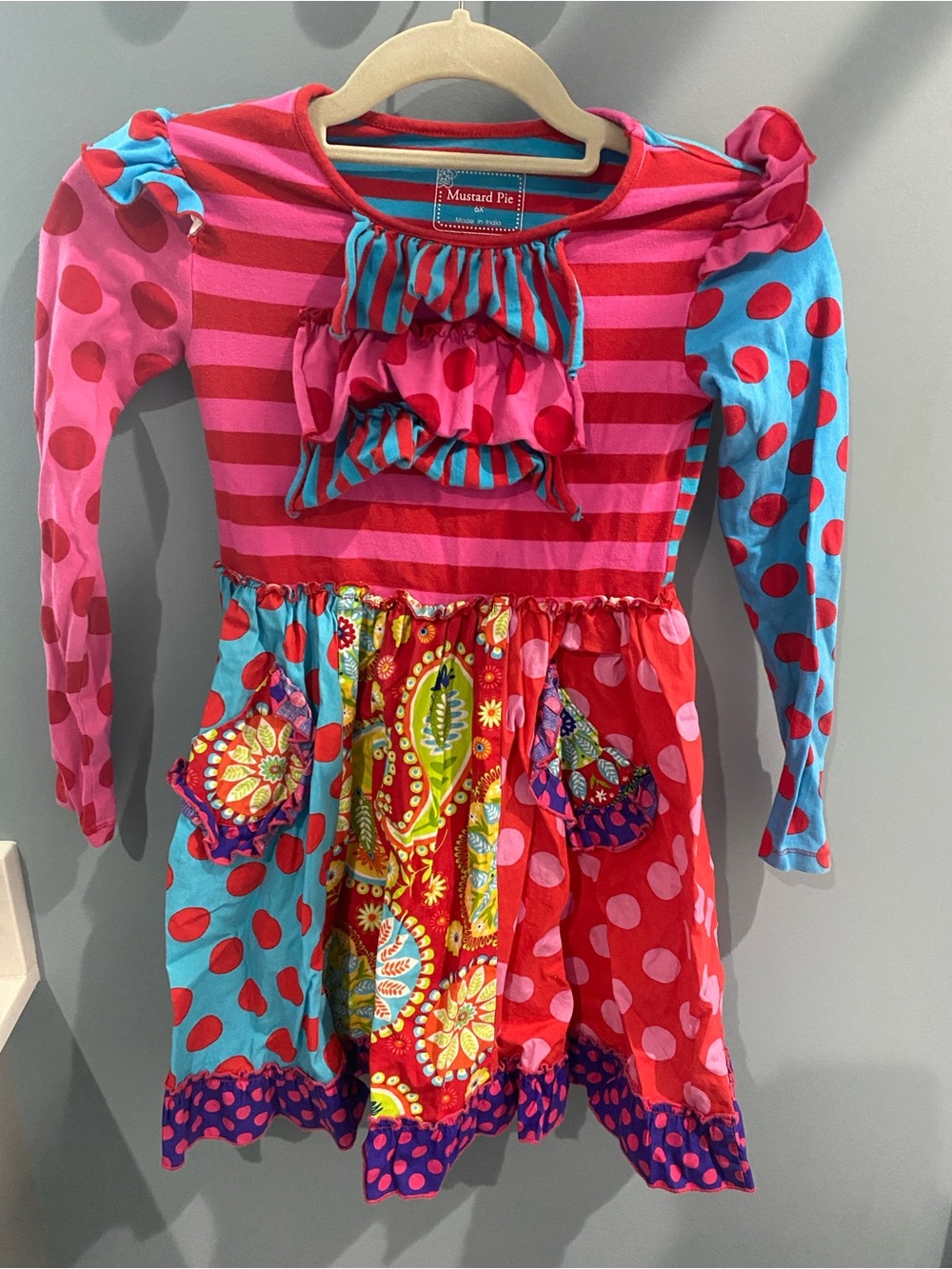 Mustard Pie Pink, Aqua & Red Mixed-Print Long Sleeve Dress 6x